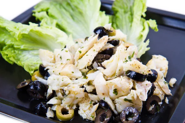 Dish Cod Salad Black Olives — Stock Photo, Image