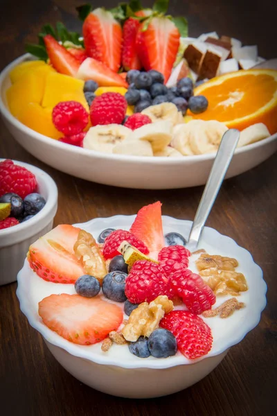 Breakfast Yogurt Strawberry Rasperry Cereals — Stock Photo, Image