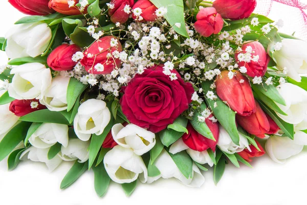 Beautiful bouquet of red and white tulip and one rose — Stock Photo, Image