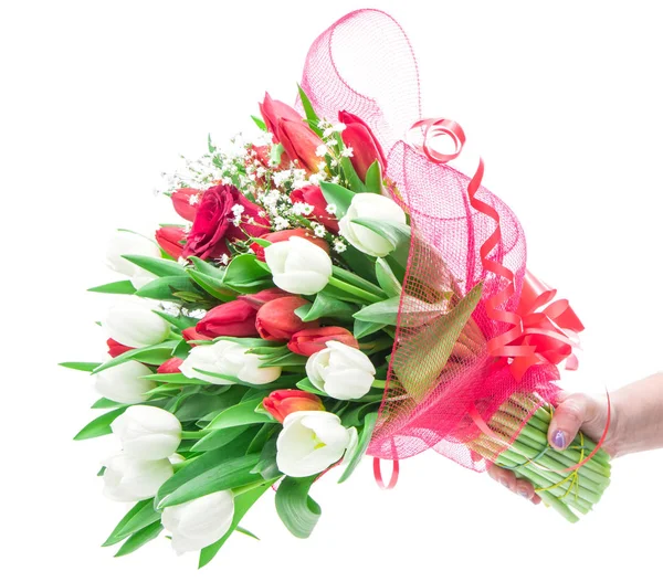 Mooie bouquet van rode en witte tulp en een roos — Stockfoto