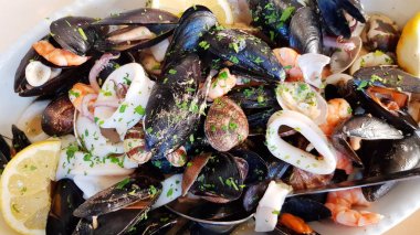 sıcak deniz marş, istiridye, midye ve kalamar