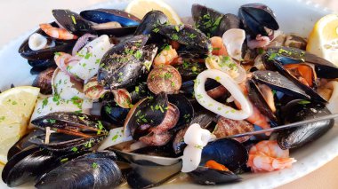 sıcak deniz marş, istiridye, midye ve kalamar