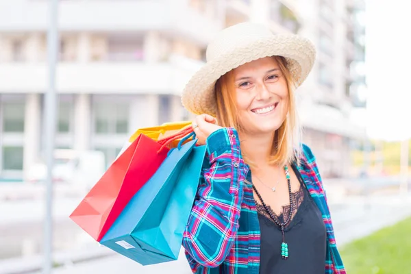 Smiling Woman Colored Shopping Bag — Stock Photo, Image