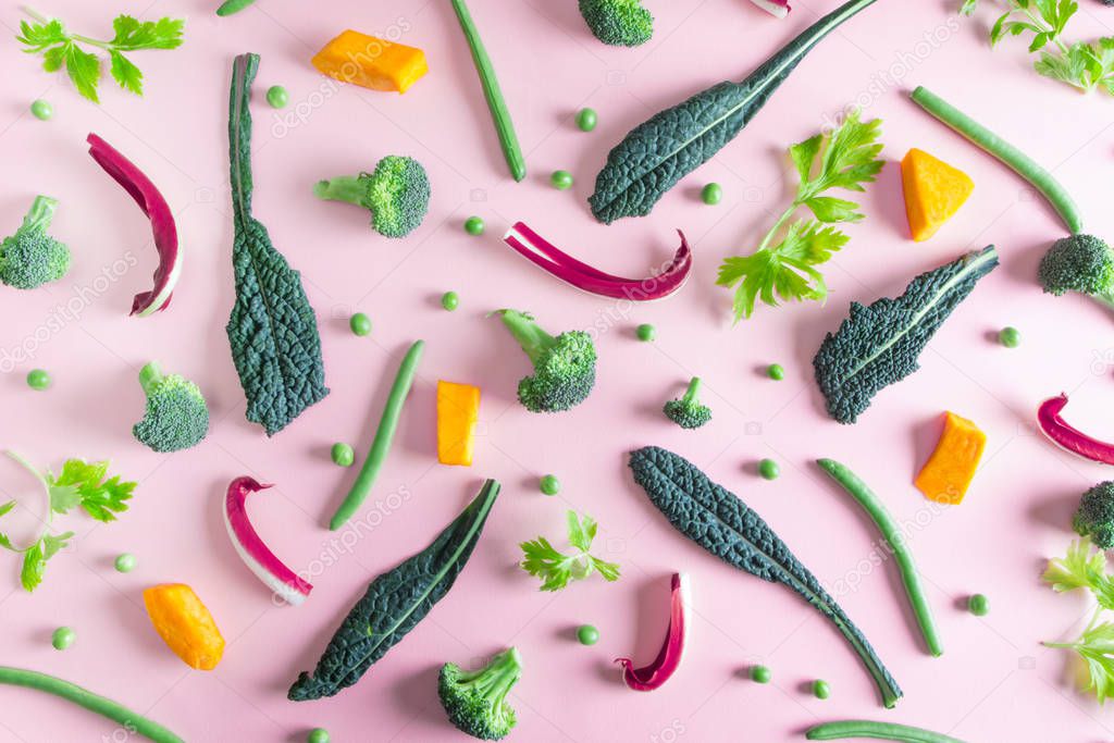 top view of various and colorful vegetables isolated on pink bac