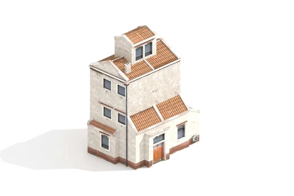 基于白色背景的等距视图绘制的旧公寓大楼3D模型 — 图库照片