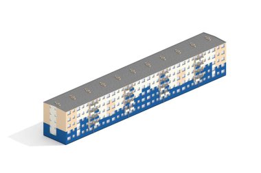 Eski Apartman Binası İzometrik görünümde beyaz arkaplan üzerine yapılmış 3D model