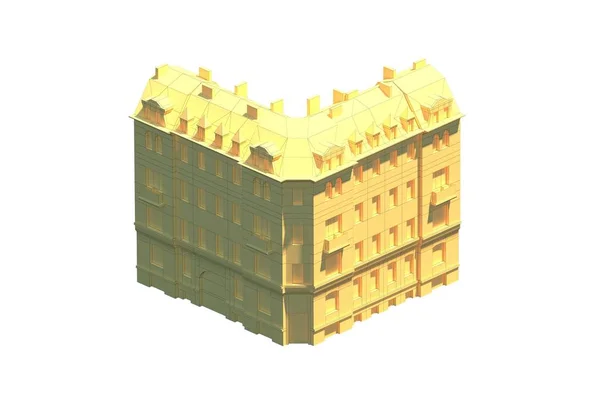 Eski Apartman Binası Zometrik Görünümde Beyaz Arkaplan Üzerine Yapılmış Model — Stok fotoğraf
