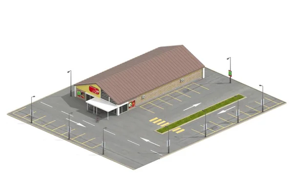 Super Market Mall building 3d model rendered on white background in isometric view