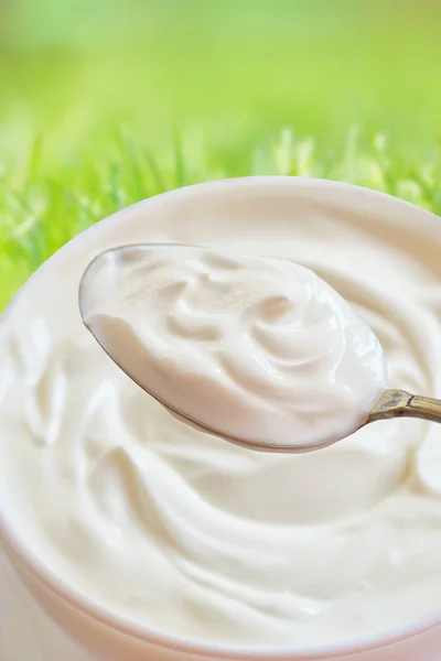 Ceramic bowl of white yoghurt — Stock Photo, Image