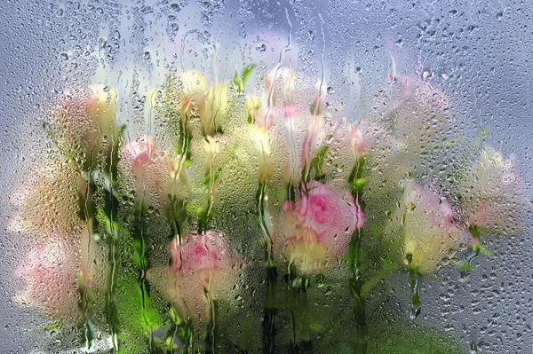 Rosas Borradas Atrás Uma Janela Com Gotas Água — Fotografia de Stock