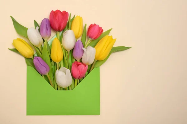 Fogalmi Tavasz Tulipán Virágok Boríték — Stock Fotó