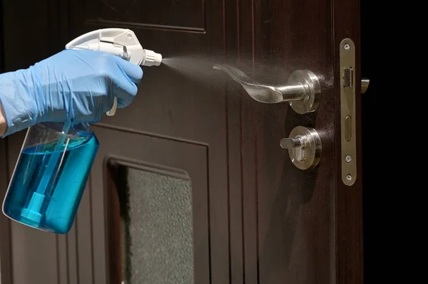 Hand Protective Glove Cleaning Door Handle — Stock Photo, Image
