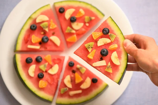 Slice Watermelon Pizza Exotic Fruit Salad — Stock Photo, Image