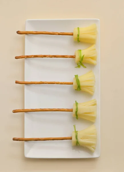 Snack Cheese Salt Sticks Broomsticks Plate — Stock Photo, Image