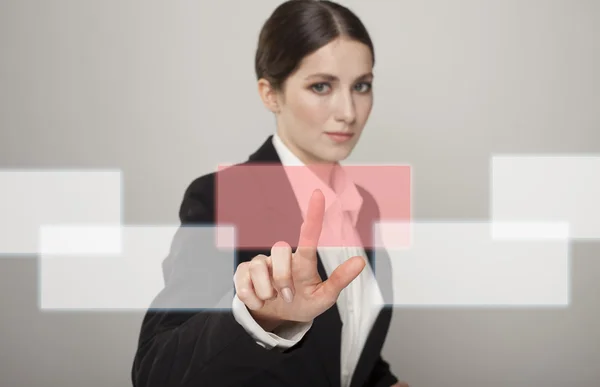 Zakelijke vrouw duwen knop op scherm gezicht vervagen — Stockfoto