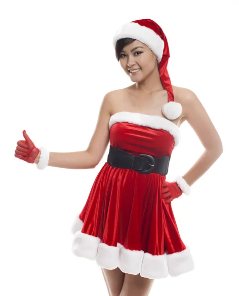 Happy christmas asiatiska modellen flicka på en vit bakgrund finger po — Stockfoto