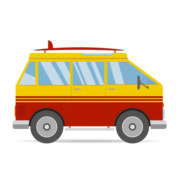 Vintage vermelho amarelo viagem ônibus surf cartoon van em design plano —  Vetores de Stock