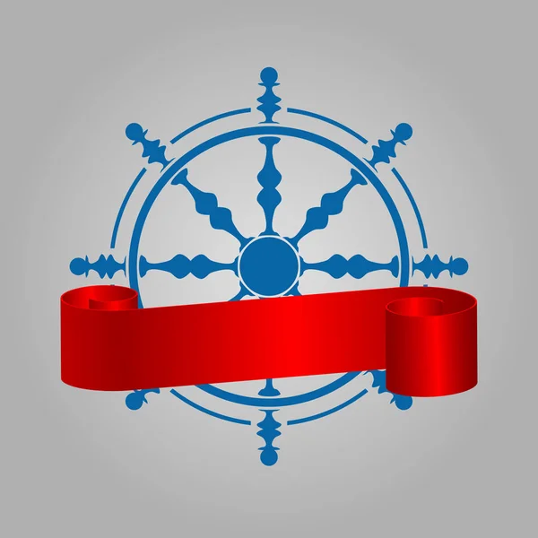 Корпоративний логотип суднового рульового колеса з навігацією по червоній стрічці s — стоковий вектор