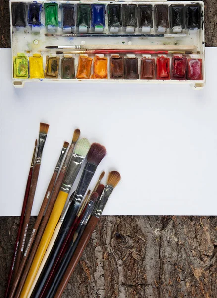 Χρώμα και τις βούρτσες σε ένα παλιό ξύλινο bg κάτοψη — Φωτογραφία Αρχείου