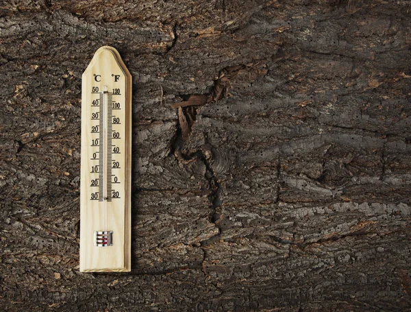 Termometre eski bir ahşap arka plan resmi — Stok fotoğraf