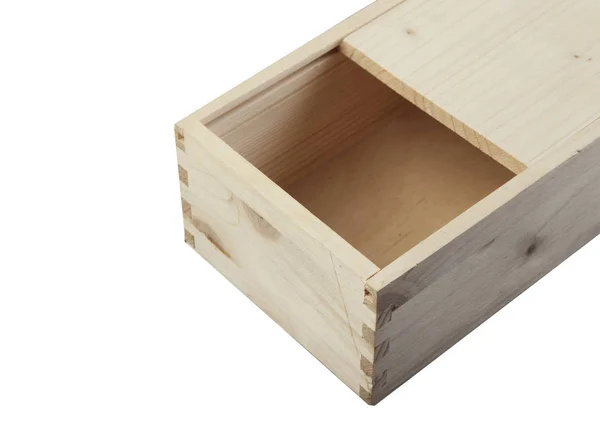 Części drewniane pudełko makieta na białym tle otwarty — Zdjęcie stockowe