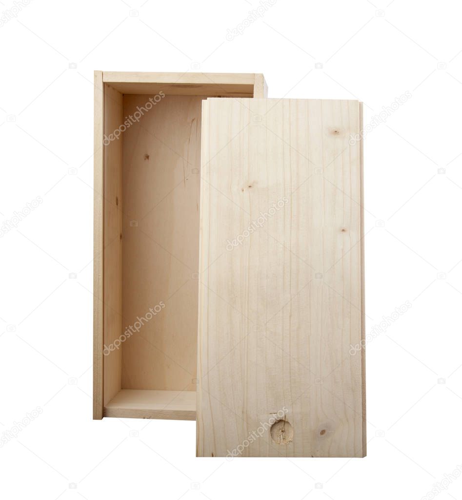 Opened wooden box isolated on white background