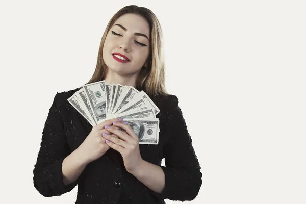 Woman holding money close up portrait — Stock Photo, Image