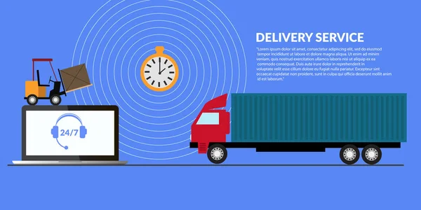 Service de livraison, camion rouge de livraison, boîtes et fournitures, deliv — Image vectorielle