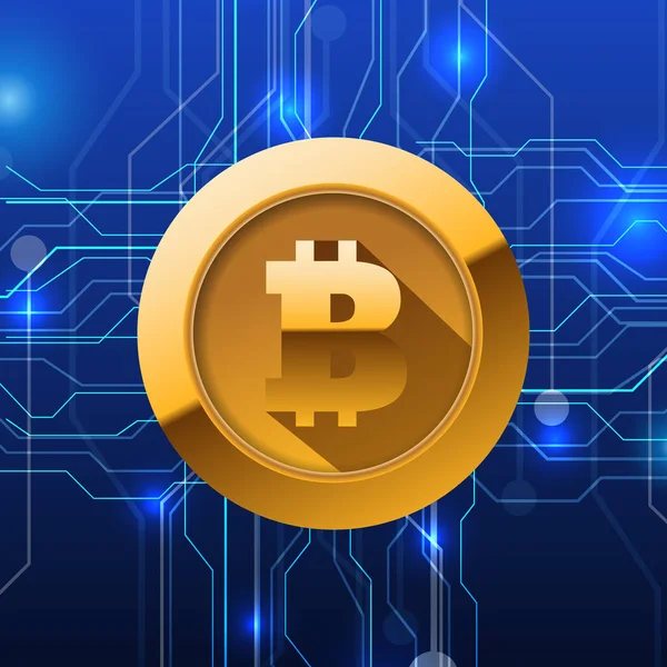 Banner web con bitcoin dorado y vector de fondo azul oscuro — Vector de stock