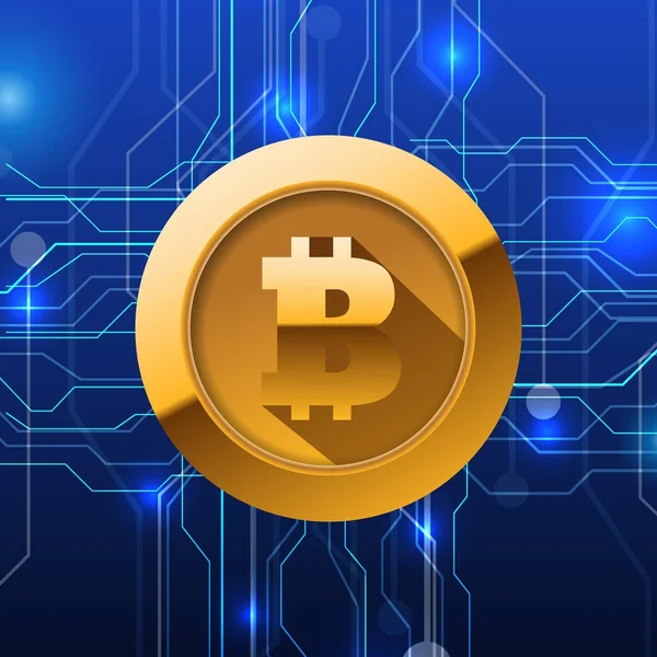 Webbanner met gouden bitcoin en donker blauwe achtergrond vector — Stockvector
