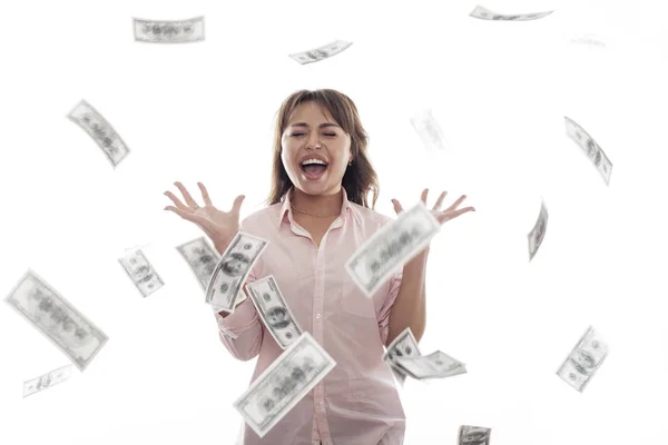 Vrouw geld emotionele portret op een witte bg — Stockfoto