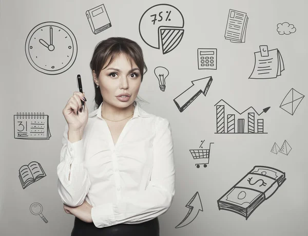 Belleza joven mujer de negocios idea pensar en blanco bg — Foto de Stock