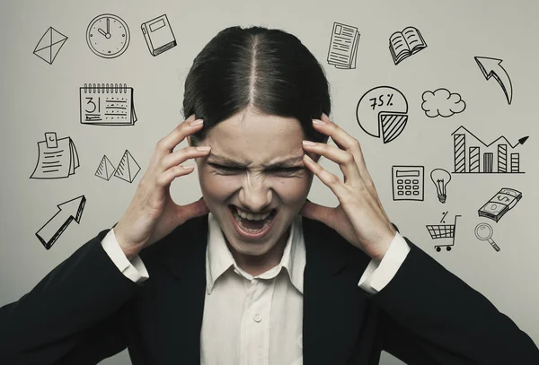 Stress mulher estressada está enlouquecendo puxando seus ícones ideia do cabelo — Fotografia de Stock