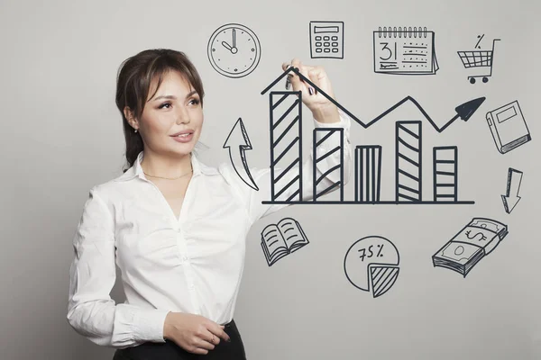 Mujer retrato pantalla pluma escribir plan tiro aislado — Foto de Stock