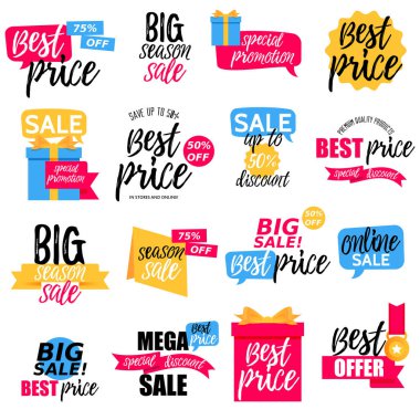 Düz renkli satış çıkartmaları özel koleksiyon. Online alışveriş, satış ve tanıtım, Web sitesi ve mobil rozetleri, promosyon afiş, özel indirim, vektör çizim tasarım alışveriş ve pazarlama malzemesi