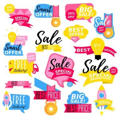 Düz renkli satış çıkartmaları özel koleksiyon. Online alışveriş, satış ve tanıtım, Web sitesi ve mobil rozetleri, promosyon afiş, özel indirim, vektör çizim tasarım alışveriş ve pazarlama malzemesi