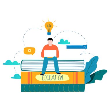 Eğitim, çevrimiçi eğitim kursları, uzaktan eğitim vektör illüstrasyonu. İnternet çalışması, çevrimiçi kitap, dersler, e-öğrenme, mobil ve web grafikleri için çevrimiçi eğitim tasarımı