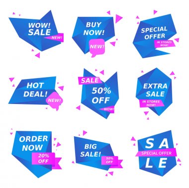 Düz renkli satış çıkartmaları özel koleksiyon. Online alışveriş, satış ve tanıtım, Web sitesi ve mobil rozetleri, promosyon afiş, özel indirim, vektör çizim tasarım alışveriş ve pazarlama malzemesi
