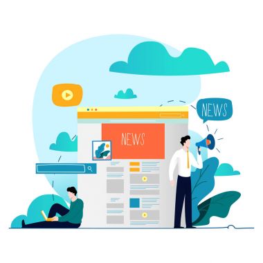 Haber güncelleme, online haber, gazete, haber web sitesi düz vektör çizim. Haber Web sayfası, etkinlikler, etkinlikler, şirket bilgileri ve Duyurular hakkında bilgiler