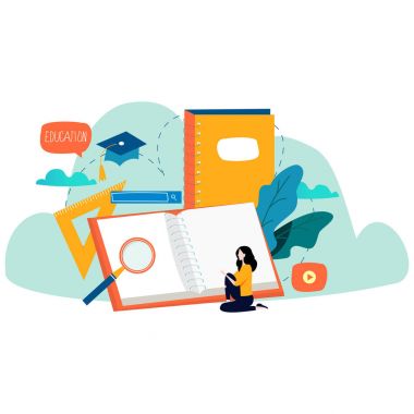 Eğitim, çevrimiçi eğitim kursları, uzaktan eğitim vektör illüstrasyonu. İnternet çalışması, çevrimiçi kitap, dersler, e-öğrenme, mobil ve web grafikleri için çevrimiçi eğitim tasarımı