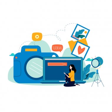 Fotoğrafçılık dersleri, fotoğraf kursları, tutorials, eğitim kavramı, atölye çalışmaları düz vektör çizim