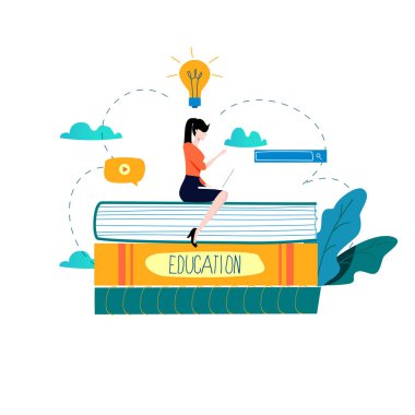 Eğitim, çevrimiçi eğitim kursları, uzaktan eğitim vektör illüstrasyonu. İnternet çalışması, çevrimiçi kitap, dersler, e-öğrenme, mobil ve web grafikleri için çevrimiçi eğitim tasarımı