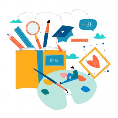 Tasarım stüdyosu, tasarım, çizim, grafik tasarım, eğitim, yaratıcılık, sanat, fikirler düz vektör çizim. Online Kurslar, kitap, Rehberler için mobil ve web grafikleri
