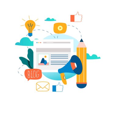 Blogging, makaleler, Haberler, copywriting, seminerler, Rehberler, atölye çalışmaları düz vektör çizim tasarımı mobil cihazlar için ve web grafik yazma eğitim, yaratıcı yazarlık, içerik yönetimi,