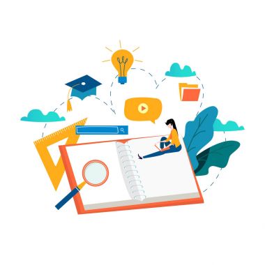 Eğitim, online eğitim kursları, uzaktan eğitim düz vektör çizim. Internet eğitim, online kitap, öğreticiler, e-eğitim, online eğitim tasarımı için mobil ve web grafikleri