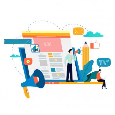 Haber güncelleme, online haber, gazete, haber web sitesi düz vektör çizim. Haber Web sayfası, etkinlikler, etkinlikler, şirket bilgileri ve Duyurular hakkında bilgiler