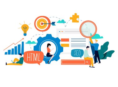 SEO, arama motoru optimizasyonu, anahtar kelime araştırma, Pazar araştırması düz vektör çizim. SEO kavramı. Web sitesi kodlama, internet arama optimizasyon tasarım için mobil ve web grafikleri