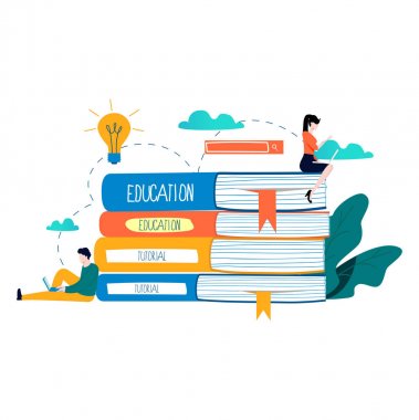 Eğitim, çevrimiçi eğitim kursları, uzaktan eğitim vektör illüstrasyonu. İnternet çalışması, çevrimiçi kitap, dersler, e-öğrenme, mobil ve web grafikleri için çevrimiçi eğitim tasarımı