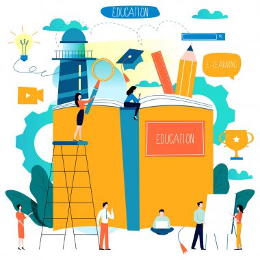 Eğitim, online eğitim kursları, uzaktan eğitim düz vektör çizim. Internet eğitim, online kitap, öğreticiler, e-eğitim, online eğitim tasarımı için mobil ve web grafikleri