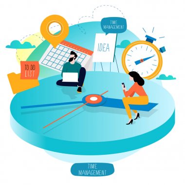 Zaman yönetimi, planlama olayları, çalışma saatleri, organizasyon, optimizasyon, son tarih, zamanlama düz vektör çizim tasarım için mobil ve web grafik